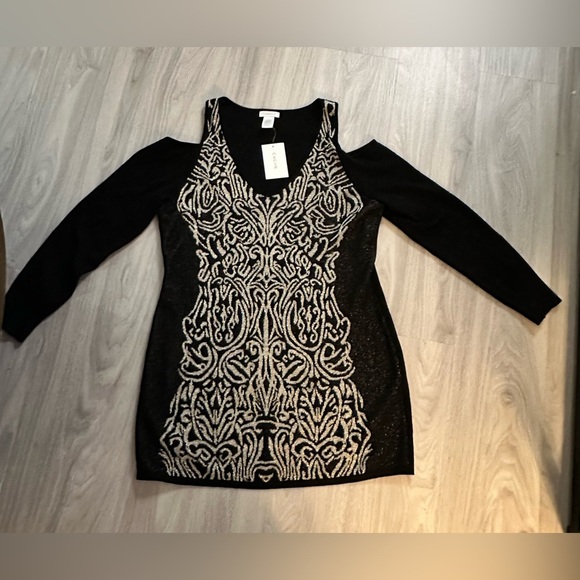 Caché Black Cold Shoulder Metallic Knit Sweater Dress | Size XL - Picture 3 of 9